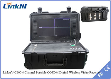 COFDM گیرنده ویدیویی چمدان 4 کانال IP65 با باتری و صفحه نمایش AES256 H.264 DC 12V